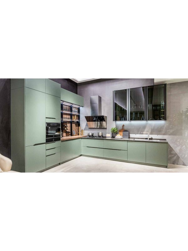 Green Lacquer Handleless Kitchen Cabinet, Green Cabinets