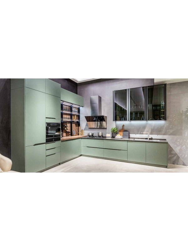 Green Lacquer Kitchen Cabinet with Handleless Design