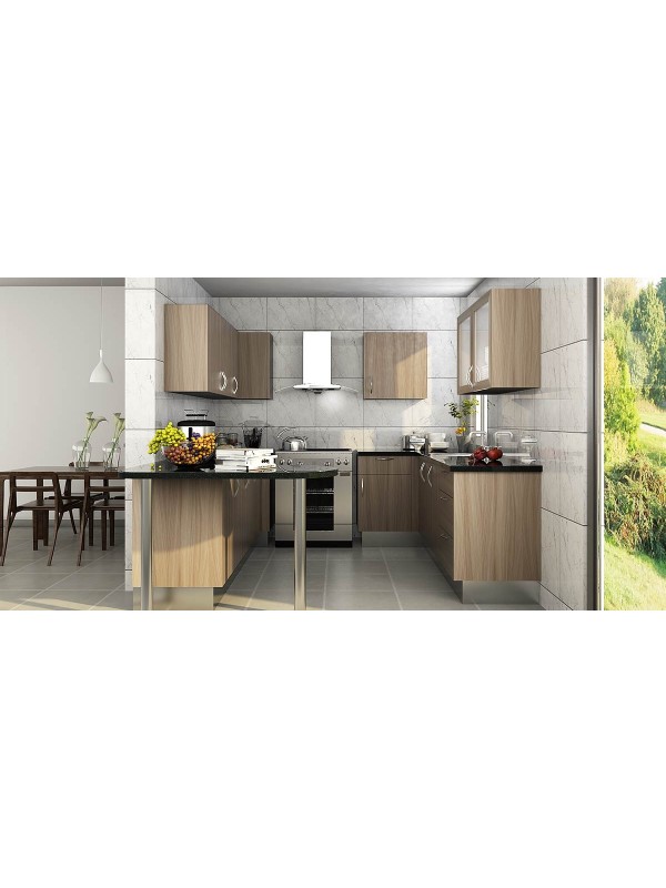 Contemporary U-Shaped Wood Grain Melamine Kitchen